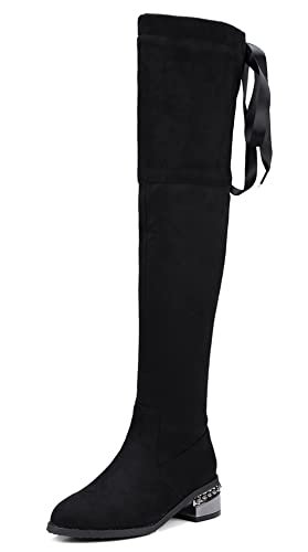 REKALFO Damen Overknee-Stiefel mit seitlichem Reißverschluss flache klobige Blockabsatz-Mode-Winterstiefel Schwarz 44.5 EU von REKALFO