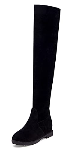 REKALFO Damen Overknees Stiefel Faux Wildleder Höhe Stiefel Damen Round Toe Stiefel mit Zipper, Mode Plateau Winterstiefel Schwarz 36 EU von REKALFO