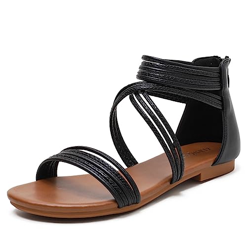 REKALFO Damen Sandalen Mode flach Knöchelriemen Sommer Strand Gladiator Schuhe Schwarz 39.5 EU REKALFO Damen Sandalen Mode flach Knöchelriemen Sommer Strand Gladiator Schuhe Schwarz 39.5 EU von REKALFO