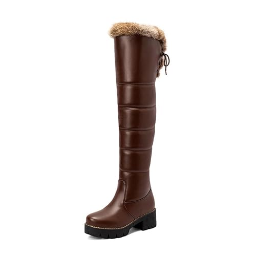 REKALFO Damen Schnee über dem Knie Stiefel mit Fell Hohe Schnür-Winterstiefel Braun 40 EU von REKALFO