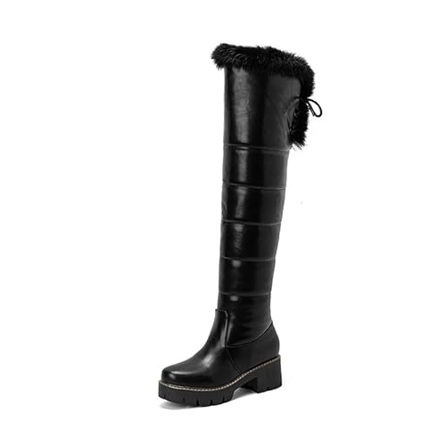 REKALFO Damen Schnee über dem Knie Stiefel mit Fell Hohe Schnür-Winterstiefel Schwarz 38 EU von REKALFO