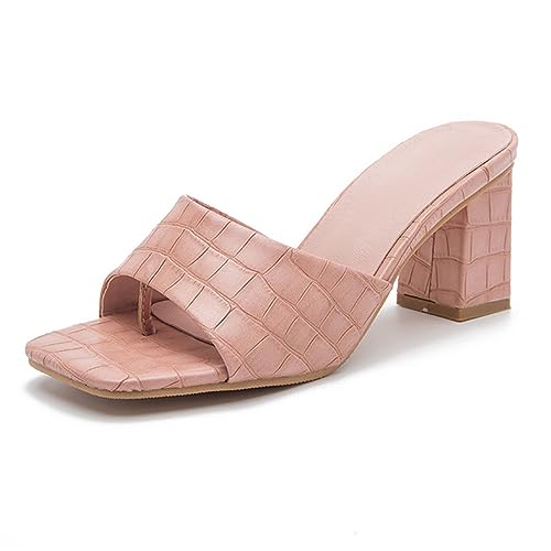 REKALFO Damen Slip On Schuhe Quadratische Zehe Sommer Absätze Block High Heel Mode Casual Niedlich Frauen Slide Sandalen Rosa 35 EU von REKALFO