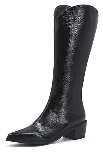 REKALFO Damen Stiefel aus weichem Leder mit seitlichem Reißverschluss spitze Zehen kniehohe Stiefel mit klobigem Blockabsatz Schwarz 36 EU von REKALFO