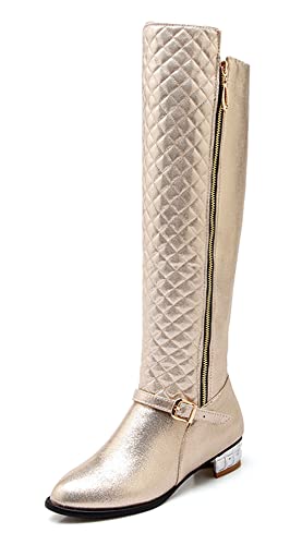 Damen-Stiefel mit Blockabsatz und Blockabsatz bei kaltem Wetter kniehoher Reißverschluss weicher atmungsaktiver Lederstiefel Gold 38 EU von REKALFO