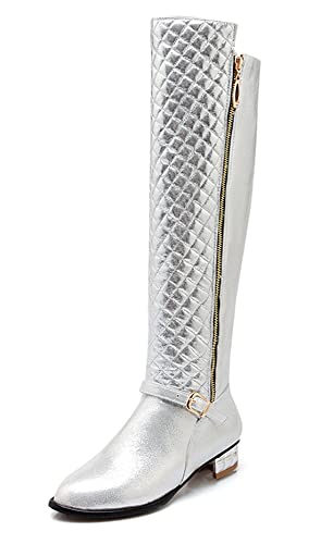 Damen-Stiefel mit Blockabsatz und Blockabsatz bei kaltem Wetter kniehoher Reißverschluss weicher atmungsaktiver Lederstiefel Silber 44 EU von REKALFO