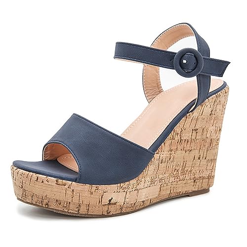 REKALFO Espadrilles für Frauen Offene Zehe Schnalle Ausgehöhlt Vintage Atmungsaktive Bequeme Schuhe Sandalen Frauen Dressy Sommer Blau 38 EU von REKALFO