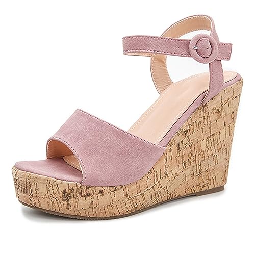 REKALFO Espadrilles für Frauen Offene Zehe Schnalle Ausgehöhlt Vintage Atmungsaktive Bequeme Schuhe Sandalen Frauen Dressy Sommer Rosa 37 EU von REKALFO