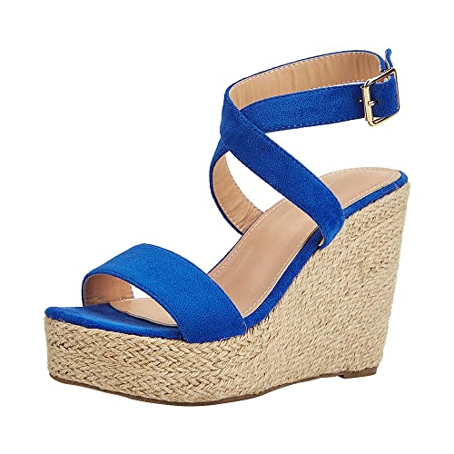 REKALFO Espadrilles für Frauen Schnalle Keilabsatz Offene Sandalen Frauen Bequem Retro Niedliche Strandschuhe Blau 36 EU von REKALFO