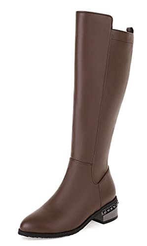 REKALFO Frauen weicher Polyester flache kniehohe Stiefel Modekleid seitlicher Reißverschluss Winterstiefel Braun 46 EU von REKALFO