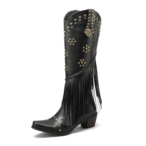 REKALFO Kniehohe Cowboystiefel Frauen Reißverschluss Fransen Gestufter Absatz Spitz zulaufend Süßer lässiger Mode Stiefel mit breiter Wade Schwarz 39.5 EU REKALFO Kniehohe Cowboystiefel Frauen Reißverschluss Fransen Gestufter Absatz Spitz zulaufend Süßer lässiger Mode Stiefel mit breiter Wade Schwarz 39.5 EU von REKALFO