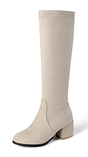 REKALFO Kniehoher Damenstiefel aus weichem atmungsaktivem Wildleder und Nubukleder mit Seitenreißverschluss und klobigem Absatz Beige 37 EU von REKALFO