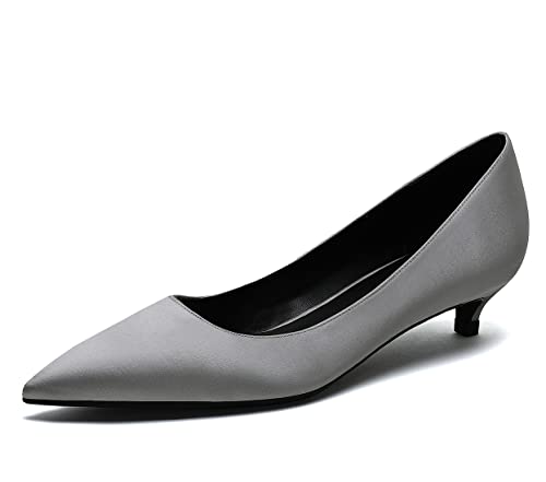 REKALFO Spitz zulaufende Absätze für Damen Satin Damenpumps mit Kitten Heel Slip On Damenschuhe für Hochzeitsfeier Urlaub Silber 40.5 EU von REKALFO