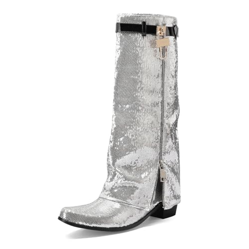 REKALFO Spitz zulaufende Damen Cowboy Stiefel mit Reißverschluss Pailletten Gestufter Absatz Mode Casual Vintage Kniehohe Cowboystiefel Frauen Silber 40 EU von REKALFO