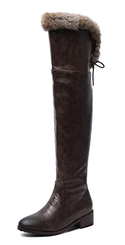 REKALFO Trendy weicher Lederpelzstiefel für Damen Overknee-Stiefel mit klobigem Absatz und Slouchy-Stiefeln Dunkelbraun 39 EU von REKALFO