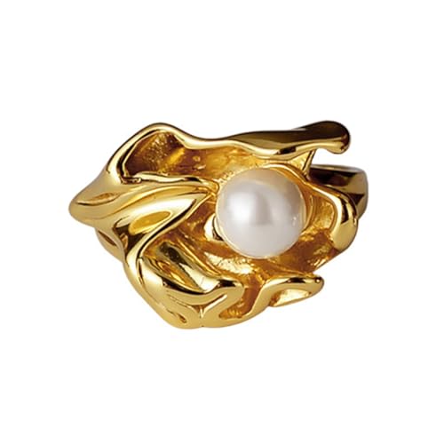 Verstellbare Ringe für Frauen 18 Karat vergoldet S925 Statement-Band aus Sterlingsilber Skulpturaler klobiger Perlenring Modeschmuck fürHochzeitsfeier Jahrestag Gold von REKALFO