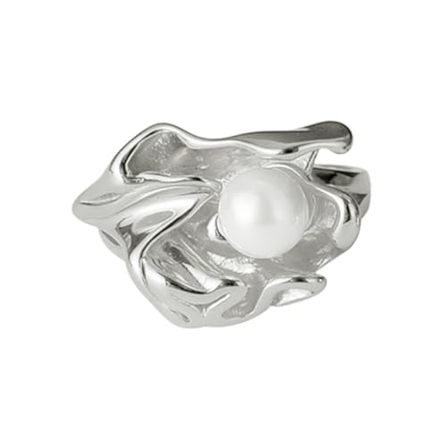 Verstellbare Ringe für Frauen 18 Karat vergoldet S925 Statement-Band aus Sterlingsilber Skulpturaler klobiger Perlenring Modeschmuck fürHochzeitsfeier Jahrestag Silber von REKALFO