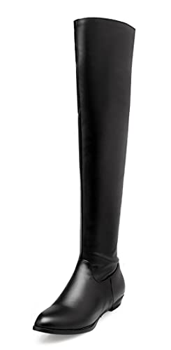 REKALFO Weiche atmungsaktive Damen-Lederstiefel mit Reißverschluss über dem Knie flacher Absatz Winterstiefel Schwarz 42 EU von REKALFO