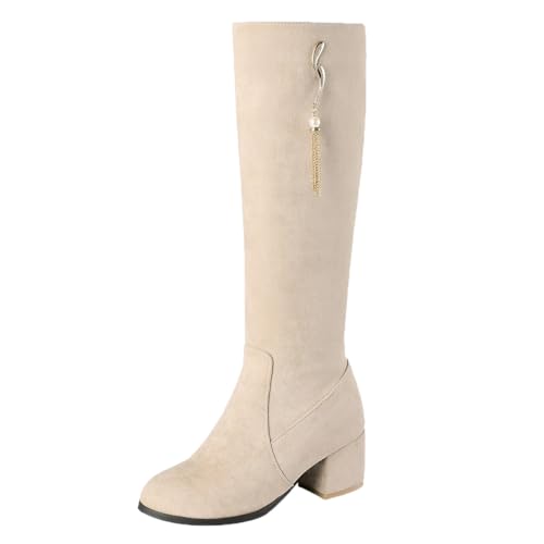 REKALFO Weiche atmungsaktive Wildleder-Nubuk-Stiefel für Damen mit seitlichem Reißverschluss kniehohem klobigem Absatz Winter-Freizeitstiefel Beige 36 EU von REKALFO