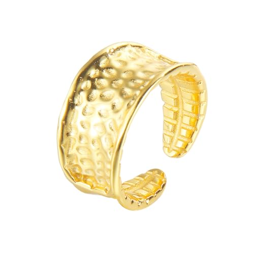 S925 Sterling Silber Verstellbarer Ring für Frauen läuft nicht an Hypoallergener leichter Vintage-Schmuck Gehämmertes strukturiertes Band Perfekt für die Abschlussfeier auf dem Abschlussball Gold von REKALFO