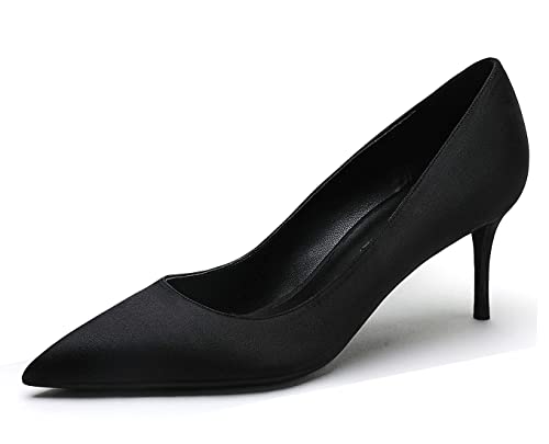 Satin Spitz zulaufende Absätze für Frauen Kitten Heels Damen Pumps Mode Elegante Büroabschlussschuhe Schwarz 6cm 34 EU von REKALFO