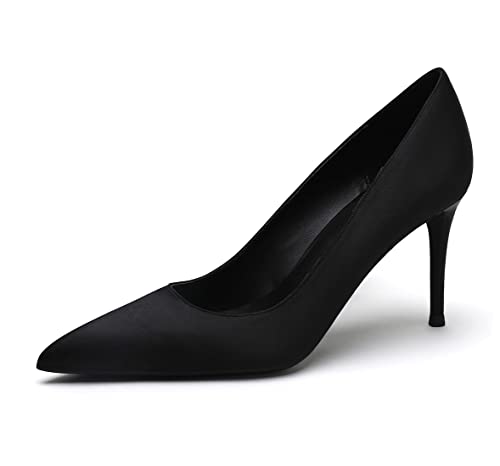 Satin Spitz zulaufende Absätze für Frauen Kitten Heels Damen Pumps Mode Elegante Büroabschlussschuhe Schwarz 8cm 38 EU von REKALFO