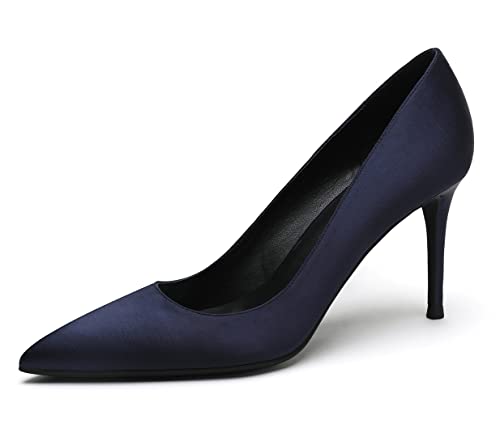 Pumps Schuhe Damen Satin Pumps für Damen Slip On Damenschuhe für Kausale Hochzeitsfeier Dunkelblau 39 EU von REKALFO
