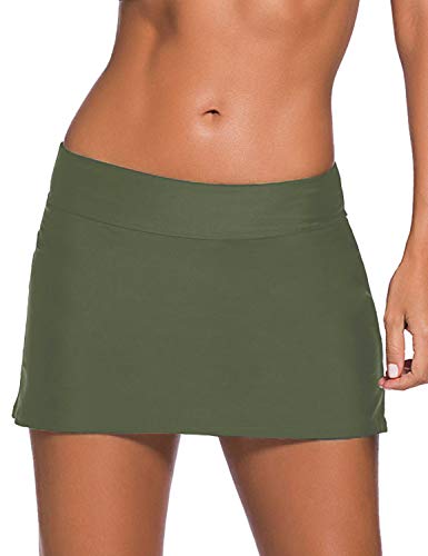 REKITA Damen Schwimmrock einfarbig Bund Skort Bikinihose, armee-grün, Medium von REKITA