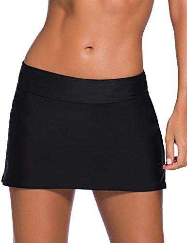 REKITA Damen Swim Skirt Volltonfarbe Bund Skort Bikinihose klein schwarz von REKITA