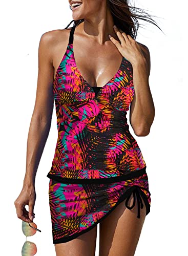 REKITA Sexy Tankini-Badeanzüge mit Rock, 2-teilig, Bademode mit Farbblock, Badeanzüge für Damen, 66 schwarz & rot Blume 6, XL von REKITA