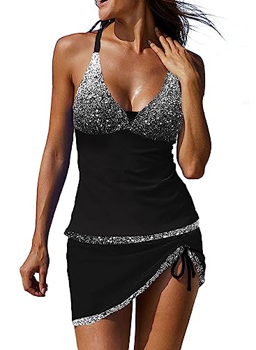 REKITA Sexy Tankini Badeanzüge mit Rock 2 Stück Bademode Farbblock Badeanzüge für Frauen, 66201 Schwarz & Silber, Medium von REKITA