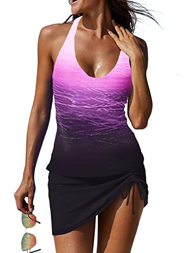 REKITA Sexy Tankini Badeanzüge mit Rock O-Ring String Tankinis 2-teilig Bademode Farbblock Badeanzüge für Damen, 56O & Rot 6, Medium von REKITA