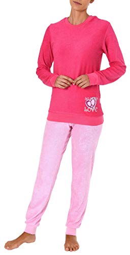 Damen Frottee Pyjama Langarm Schlafanzug mit Bündchen und Herz Motiv - 61695, Farbe:pink, Größe2:44/46 von RELAX by Normann