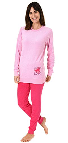 Damen Frottee Pyjama Langarm Schlafanzug mit Bündchen und Herz Motiv - 61695, Farbe:rosa, Größe2:36/38 von RELAX by Normann