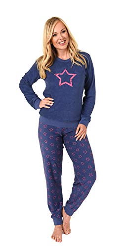 Damen Frottee Pyjama Langarm Schlafanzug mit Bündchen und Sterne Optik - 291 201 13 942, Farbe:blau, Größe:36/38 von RELAX by Normann