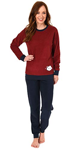 Damen Frottee Pyjama Langarm Schlafanzug mit Bündchen und süsser Applikation - 201 13 565, Farbe:rot, Größe2:40/42 von Normann