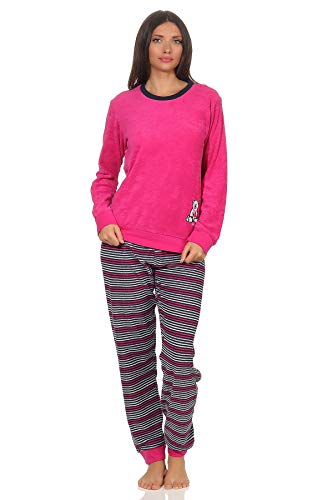 Damen Frottee Pyjama Schlafanzug Langarm mit Bündchen und süsser Bär-Applikation 20113777, Farbe:pink, Größe2:48/50 von Normann