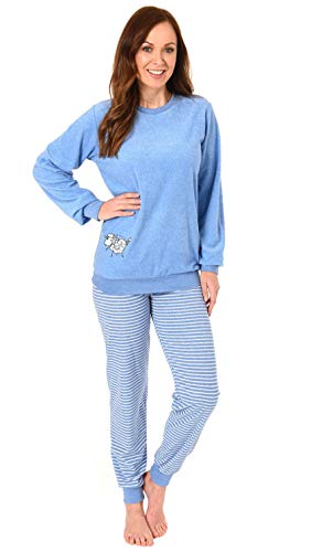 Damen Frottee Pyjama Schlafanzug mit Bündchen und süsser Tier Applikation 291 201 93 110, Farbe:hellblau, Größe2:44/46 von RELAX by Normann