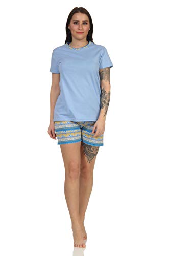 Damen Kurzarm Schlafanzug Shorty Pyjama mit kurzer Hose im Ethnolook - 66628, Farbe:hellblau, Größe:36-38 von RELAX by Normann