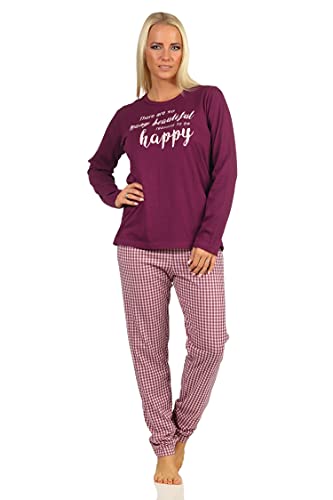 Damen Langarm Schlafanzug Pyjama mit Schriftzug und Karierter Hose - 66536, Farbe:Beere, Größe:48-50 von RELAX by Normann