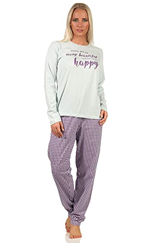 Damen Langarm Schlafanzug Pyjama mit Schriftzug und Karierter Hose - 66536, Farbe:türkis, Größe:40-42 von RELAX by Normann