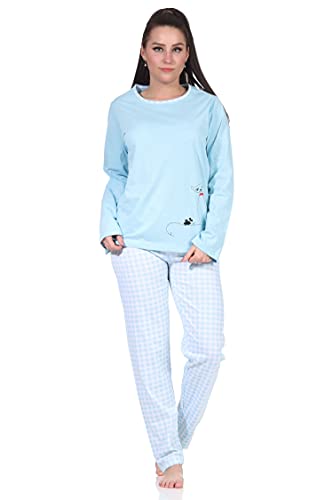 RELAX by Normann Damen Langarm Schlafanzug Pyjama mit süssen Katzen Motiv und Karierter Jersey Hose, Farbe:hellblau, Größe:48-50 von RELAX by Normann