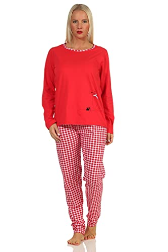 RELAX by Normann Damen Langarm Schlafanzug Pyjama mit süssen Katzen Motiv und Karierter Jersey Hose, Farbe:rot, Größe:48-50 von RELAX by Normann