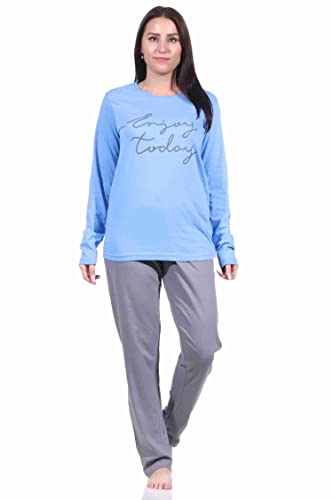 Damen Pyjama Schlafanzug lang mit Frontprint - 212 201 10 902, Farbe:blau, Größe:40-42 von RELAX by Normann