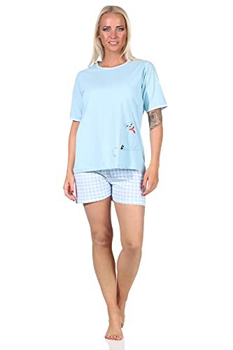 Damen Shorty Pyjama Schlafanzug Kurzarm mit süßem Katzen-Motiv - 66334, Farbe:hellblau, Größe:40-42 von Normann