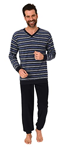 Herren Frottee Schlafanzug, Pyjama mit Bündchen in Streifenoptik - 65319, Farbe:Navy, Größe:56 von RELAX by Normann