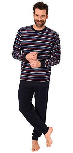Langer Herren Frottee Pyjama Schlafanzug mit Bündchen - Streifenoptik - 291 101 13 133, Farbe:Marine/rot, Größe:58 von RELAX by Normann