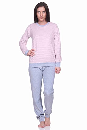 RELAX by Normann Damen Frottee Pyjama Langarm mit Bündchen in edler Streifenoptik - 291 201 13 780, Farbe:Ringel klein rosa, Größe:52/54 von RELAX by Normann