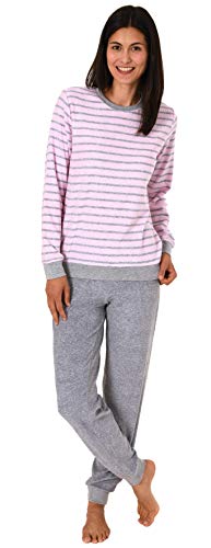 RELAX by Normann Damen Frottee Pyjama Langarm mit Bündchen in edler Streifenoptik - 291 201 13 780, Farbe:rosa, Größe:48/50 von Normann