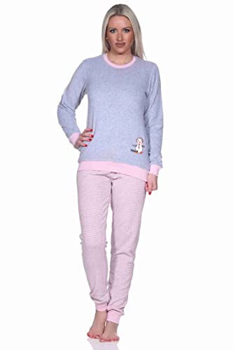 RELAX by Normann Damen Frottee Pyjama Langarm mit Bündchen und niedlicher Pinguin Stickerei - 291 13 779, Farbe:Ringel klein grau, Größe:40/42 von RELAX by Normann