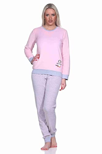 RELAX by Normann Damen Frottee Pyjama Langarm mit Bündchen und niedlicher Pinguin Stickerei - 291 13 779, Farbe:Ringel klein rosa, Größe:36/38 von RELAX by Normann